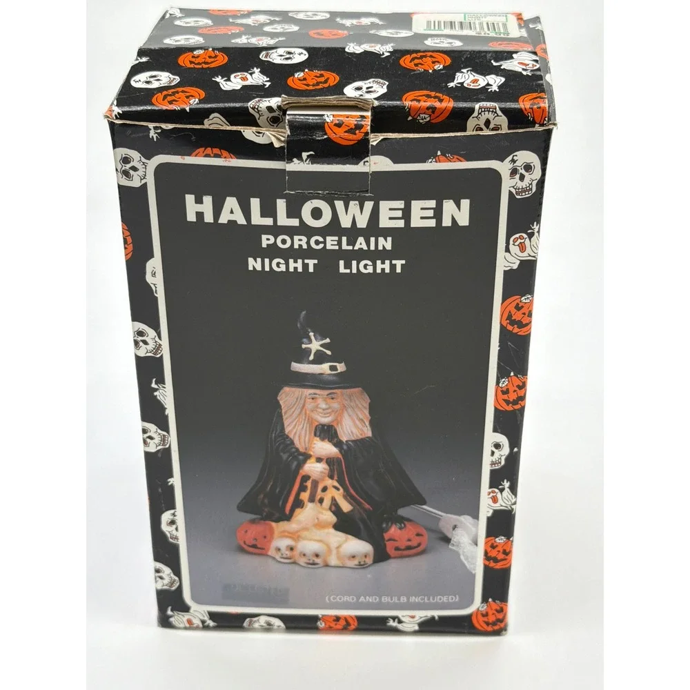 Halloween Porcelain Witch Night Light with Pumpkins and Skulls‎ Cord and Bulb